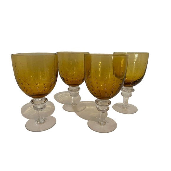 Unknown Other - 4 Handblown Amber Seeded Bubble Goblets Clear Stems 7.25" Tall and 4" Diameter